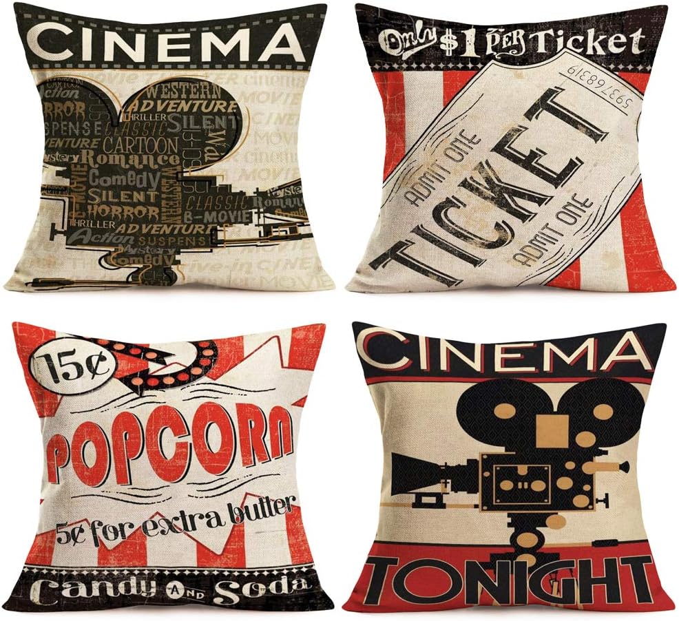 Home Cinema Tickets - Dekorative Kissenbezüge im Vintage-Stil mit Popcorn,